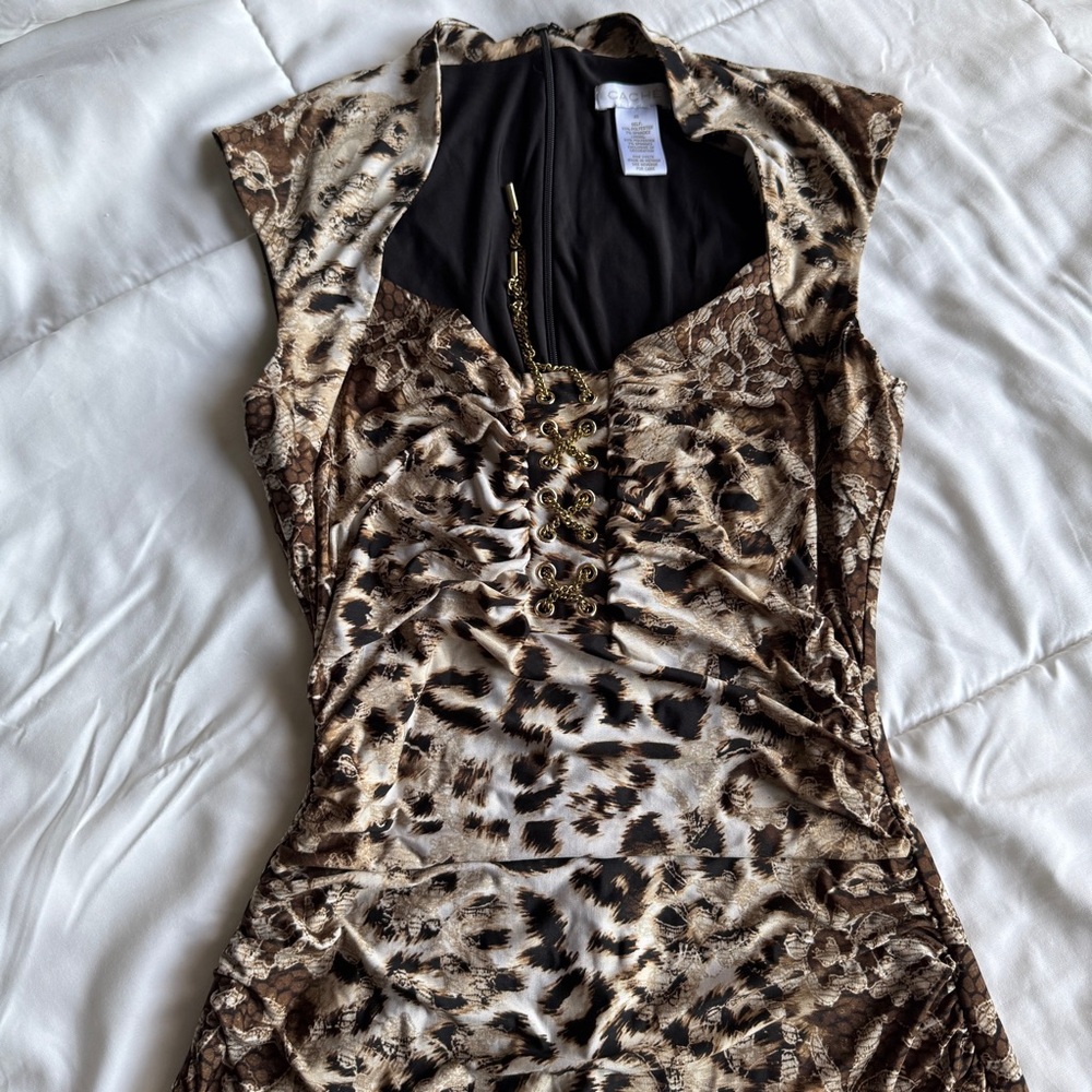 Y2K Caché Leopard Print Bodycon Dress with Gold Chain Detail